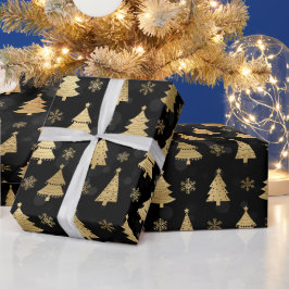 Papel De Presente Árvores de Natal em Folha de Ouro Falso & bokeh pr