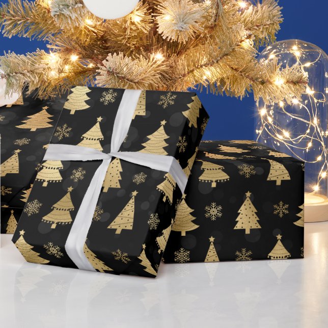 Papel De Presente Árvores de Natal em Folha de Ouro Falso & bokeh pr (Feriados)