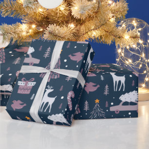 Papel De Presente Árvores de Natal Estrelas Rena Azul Escuro Natal