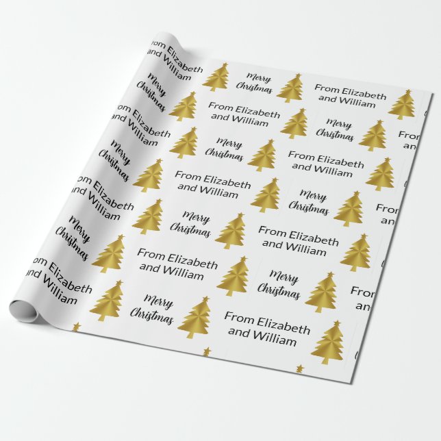 Papel De Presente Árvores de Natal Feliz dos Nomes Preto Branco Dour (Desenrolado)