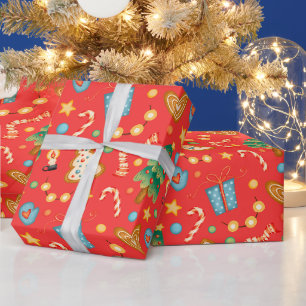 Papel De Presente Árvores de Natal Festivas e Biscoitos Vermelhos
