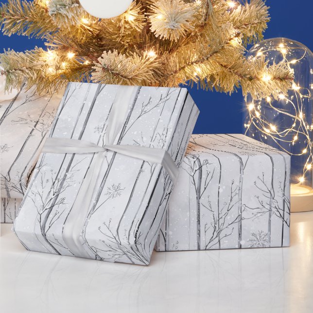 Papel De Presente Árvores de Natal Floco de Neve Cinza Prata (Feriados)