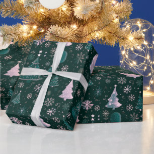 Papel De Presente Árvores de Natal Flocos de Neve Verde Natal