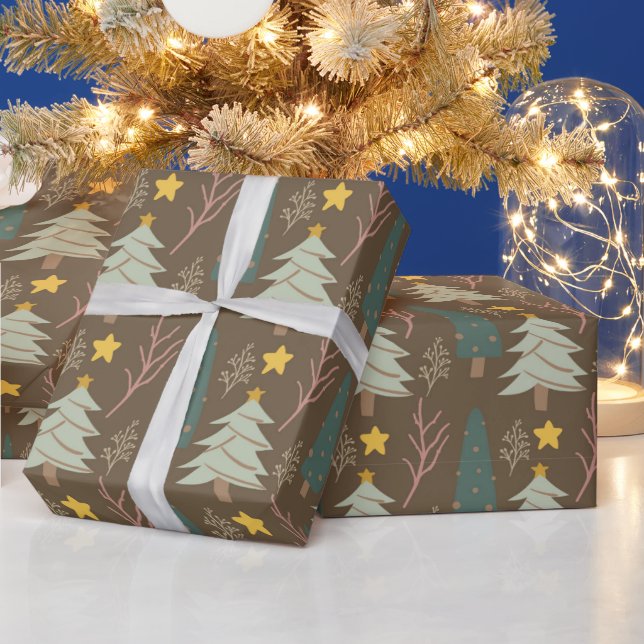 Papel De Presente Árvores de Natal Florestais Padrão Tons Terrosos (Feriados)