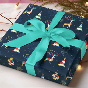 Papel De Presente Árvores de Natal Geométricas Rena Enfeites