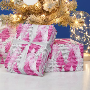 Papel De Presente Árvores de Natal Glam Rosa Menina Prata