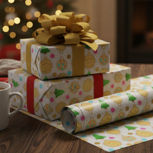 Papel De Presente Árvores de Natal Ilustradas & Enfeites Dourados