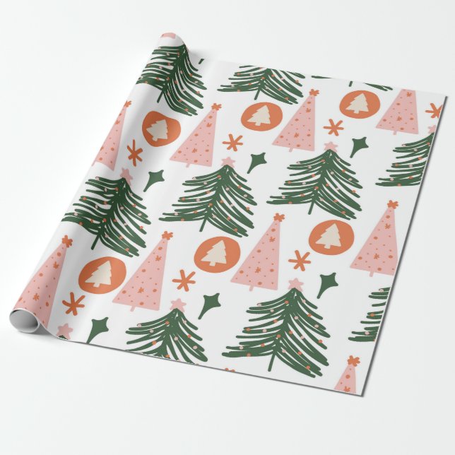 Papel De Presente Árvores de Natal Laranja Boho Verde Rosa (Desenrolado)