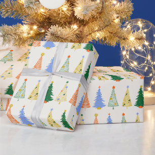 Papel De Presente Árvores de Natal Lindas Boho Vermelho Verde