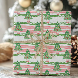 Papel De Presente Árvores de Natal Listradas Caprichosas em Aquarela