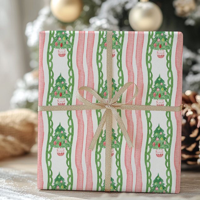 Papel De Presente Árvores de Natal Listradas com Aquarela Caprichosa (Criador carregado)