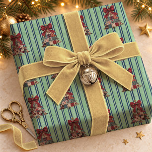 Papel De Presente Árvores de Natal Listradas com Remendo de Coquete