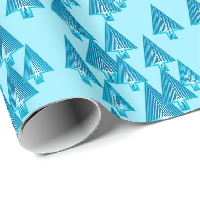 Papel De Presente Árvores de Natal metálicas modernas - azul-céu (Ponta do rolo)