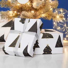 Papel De Presente Árvores de Natal Mínimas Pretas e Douradas