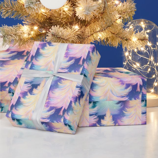 Papel De Presente Árvores de Natal Modernas Azul Rosa Branco Dourado (Feriados)