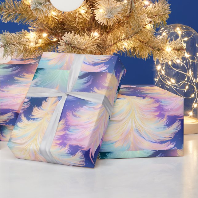 Papel De Presente Árvores de Natal Modernas Azul Rosa Branco Dourado (Feriados)