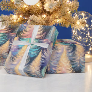 Papel De Presente Árvores de Natal Modernas Azul Verde Dourado