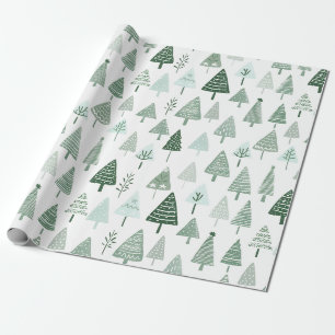 Papel De Presente Árvores de Natal modernas, brancas e verdes