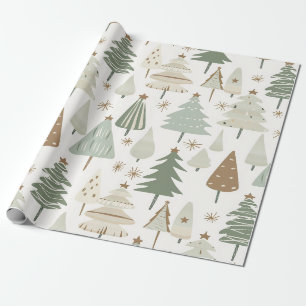 Papel De Presente Árvores de Natal modernas, castanhas e verdes