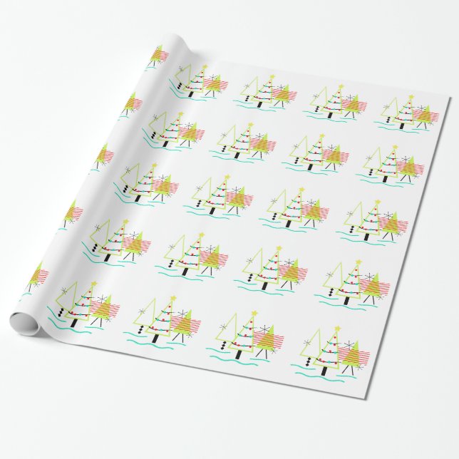 Papel De Presente árvores de natal modernas de meados do século retr (Desenrolado)