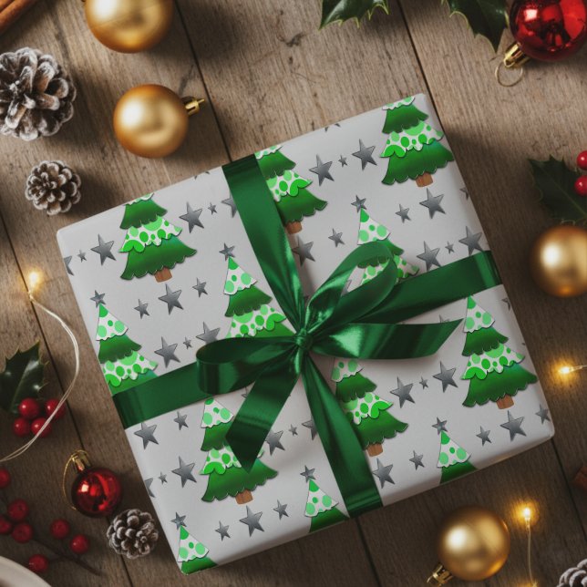 Papel De Presente Árvores de Natal Modernas em Camadas & Estrelas Pr (Add a little whimsy to Christmas with this hand drawn unusual trees and stars wrapping paper.)