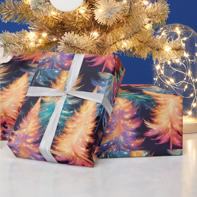 Papel De Presente Árvores de Natal Modernas Luz Azul Rosa Dourada (Feriados)