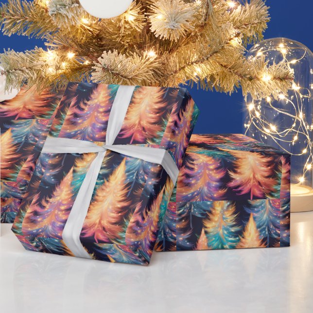 Papel De Presente Árvores de Natal Modernas Luz Azul Rosa Dourada (Feriados)