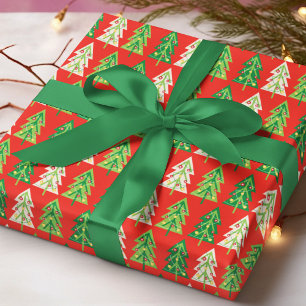 Papel De Presente Árvores de Natal Modernas Luzes Padrão Vermelho