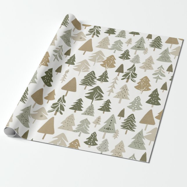 Papel De Presente Árvores de Natal Modernas - Padrão Verde-Azeitona (Desenrolado)