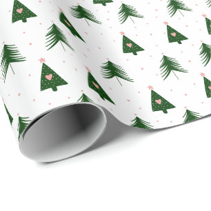 Papel De Presente Árvores de Natal Modernas Rosa e Verde Feriado