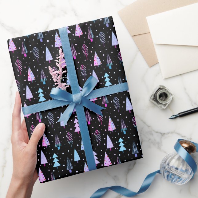 Papel De Presente Árvores de Natal Modernas, Roxo-Rosa-Preto (Presentear)
