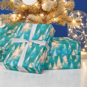 Papel De Presente Árvores de Natal Modernas Verde Azul Branco