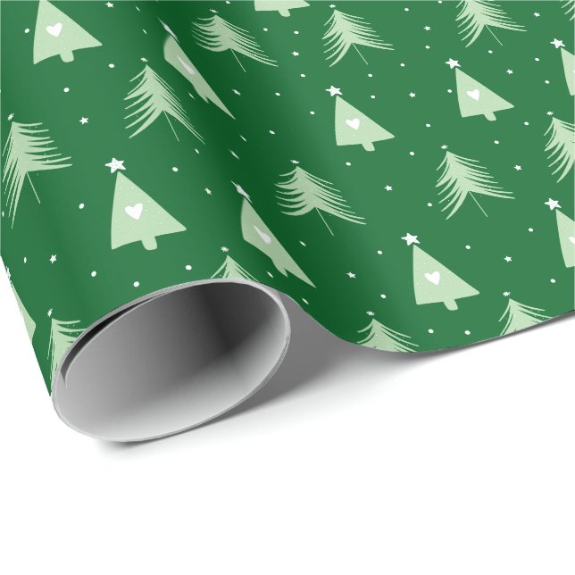 Papel De Presente Árvores de Natal Modernas Verdes e Brancas de Feri (Ponta do rolo)