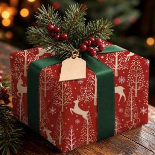 Papel De Presente Árvores de Natal Modernas Vermelhas Festivas Rena
