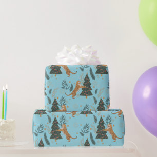 Papel De Presente Árvores de Natal & padrão de tigres Fundo azul