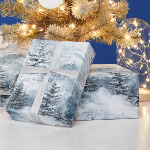 Papel De Presente Árvores de Natal Pinheiros Brancos Azuis da Neve d