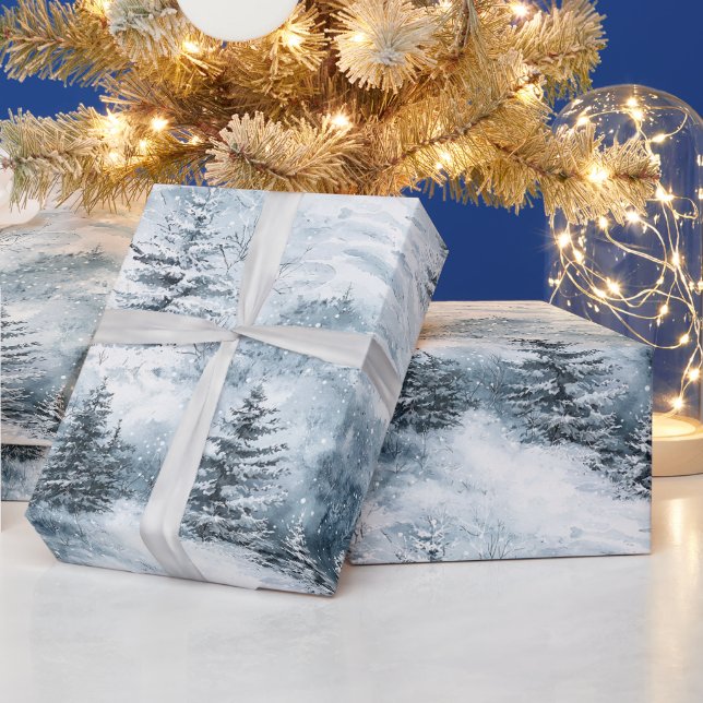 Papel De Presente Árvores de Natal Pinheiros Brancos Azuis da Neve d (Feriados)
