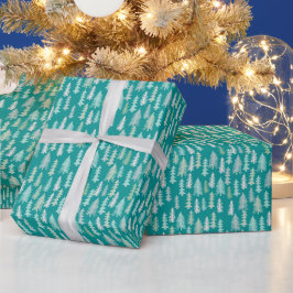 Papel De Presente Árvores de Natal Pintadas à Mão Aqua Branco Azul T
