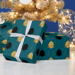 Papel De Presente Árvores de Natal Pretas Douradas Verde Teal