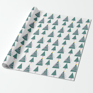 Papel De Presente Árvores de Natal Rabiscos Rosa Verde