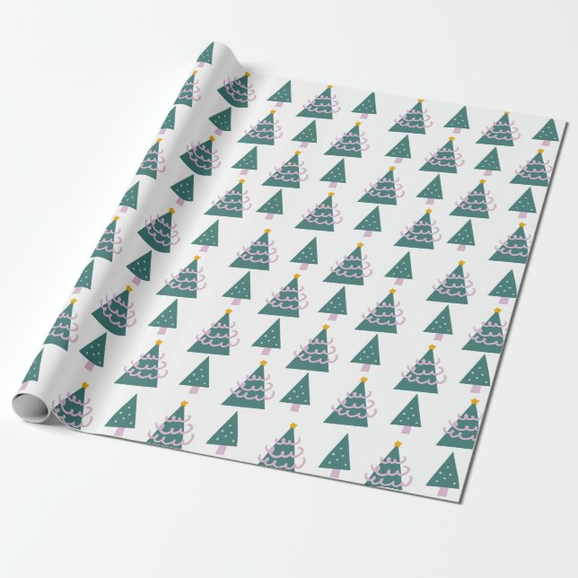 Papel De Presente Árvores de Natal Rabiscos Rosa Verde (Desenrolado)