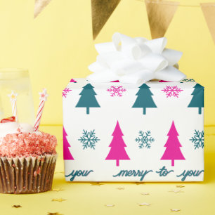 Papel De Presente Árvores de Natal Retro Rosa Flocos de Neve Azul