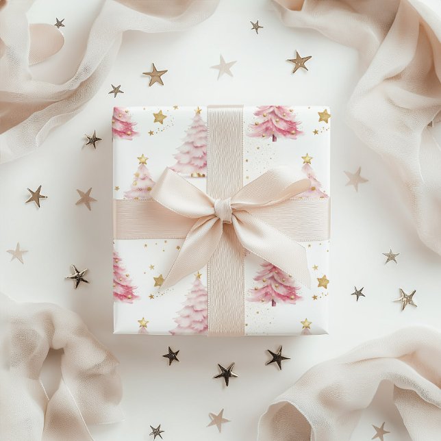 Papel De Presente Árvores de Natal Rosa (Pink Christmas Tree Gift Wrap Paper)