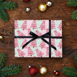 Papel De Presente Árvores de Natal rosa decoradas com laços.