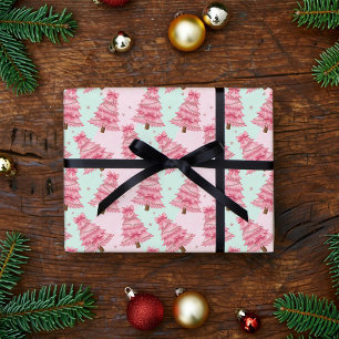 Papel De Presente Árvores de Natal rosa decoradas com laços.