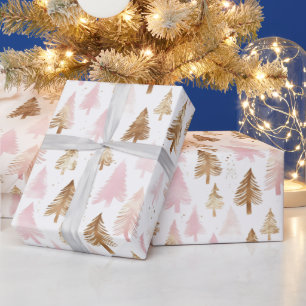 Papel De Presente Árvores de Natal rosa e Douradas