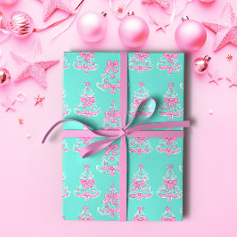 Papel De Presente Árvores de Natal rosa e mint Coquette