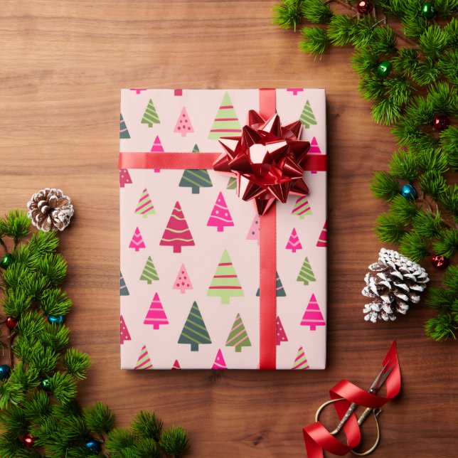 Papel De Presente Árvores de Natal rosa e verde (Presente de Natal)