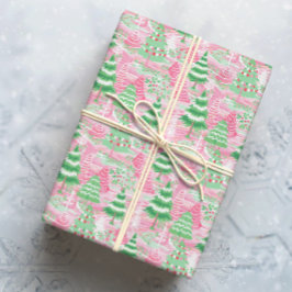 Papel De Presente Árvores de Natal rosa e verde