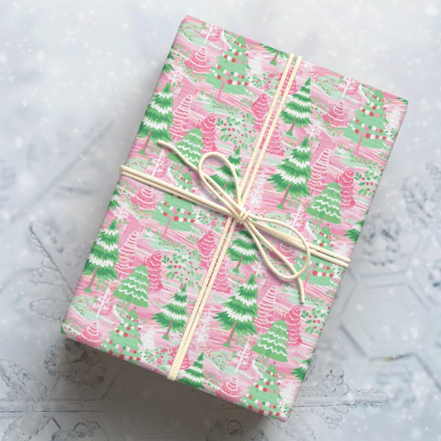 Papel De Presente Árvores de Natal rosa e verde (Criador carregado)